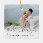 Photo Name Year First Christmas Mr Mrs Ceramic Ornament<br><div class="desc">Photo Overlay Names Year First Christmas As Mr And Mrs. To celebrate your first holiday as a married couple, easily personalise your names and year. With an elegant set script for First Christmas. Choose your favourite photo to replace the sample picture. Changes to colours of text can be made to...</div>