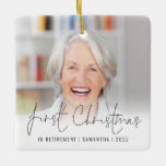 Photo Name Year First Christmas Retired Ceramic Ornament<br><div class="desc">Photo Overlay Name Year First Christmas Retired To celebrate your first holiday season in retirement easily personalise your name and year. With an elegant set script for First Christmas. Choose your favourite photo to replace the sample picture. Changes to colours of text can be made to better suit your photo...</div>