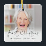 Photo Name Year First Christmas Retired Ceramic Ornament<br><div class="desc">Photo Overlay Name Year First Christmas Retired To celebrate your first holiday season in retirement easily personalise your name and year. With an elegant set script for First Christmas. Choose your favourite photo to replace the sample picture. Changes to colours of text can be made to better suit your photo...</div>