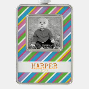 PHOTO NAME YEAR Modern Colourful Stripes Kids Fun Silver Plated Framed Ornament