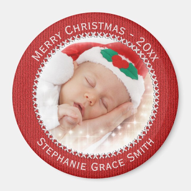 Photo & Name: Yearly Christmas Photo Ornament Red Magnet (Front)