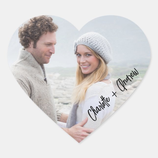 Photo names bride groom wedding favour heart heart sticker (Front)