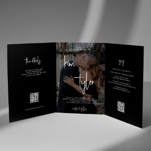 Photo names script wedding RSVP details QR code Tri-Fold Invitation