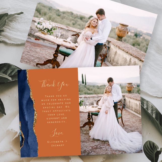 Photo Navy Blue Agate Gold Script Rust Wedding Thank You Card (Creator Uploaded)