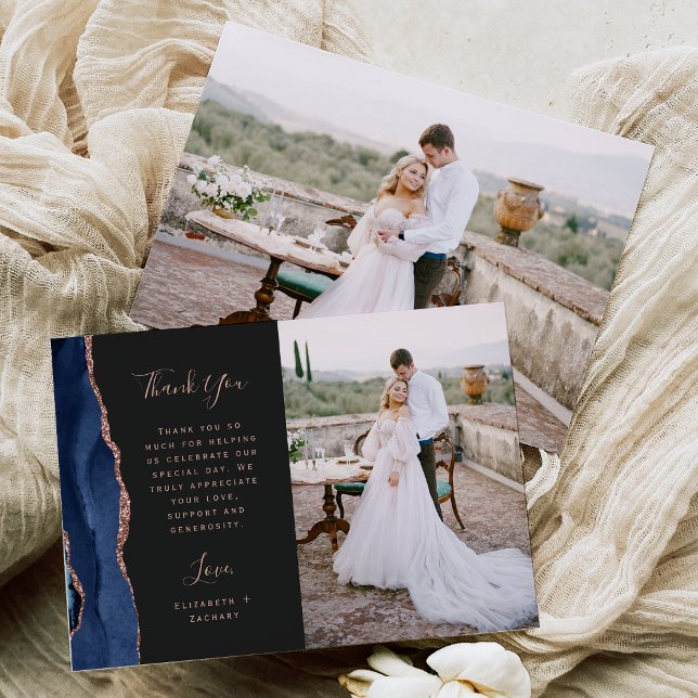 Photo Navy Blue Agate Rose Gold Dark Wedding Thank You Card (Creator Uploaded)