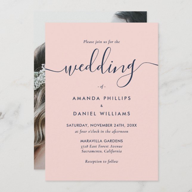 Photo Navy Blue and Blush Modern Script Wedding Invitation (Front/Back)