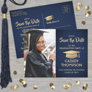 Photo Navy Blue and Gold Graduation Save the Date Postcard