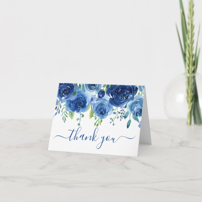 Photo Navy Blue Floral Wedding Thank You Card (Front)
