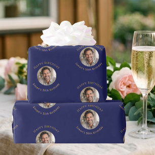 Photo Navy Blue Gold Birthday Wrapping Paper