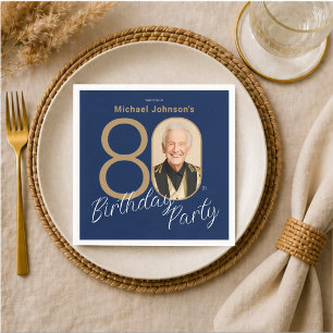 Photo Navy Blue Gold Elegant Custom 80th Birthday Napkin