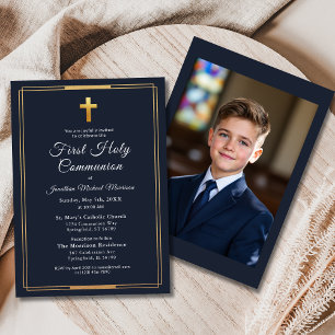 Photo Navy Blue Gold First Holy Communion  Invitation