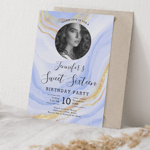 PHOTO Navy Blue Marble Glitter Sweet 16 Party Invitation