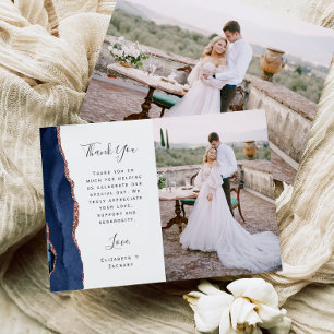 Photo Navy Blue Rose Gold Agate Script Wedding Thank You Card