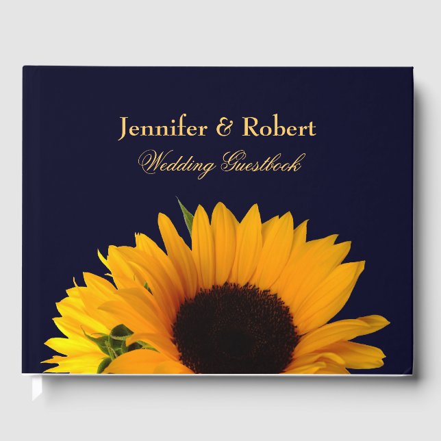 Photo Navy Blue Sunflower Wedding Guest Book (Front)