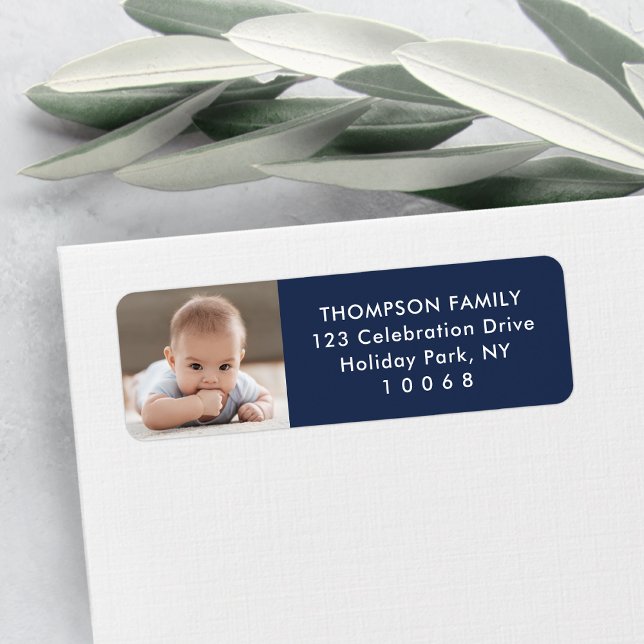 Photo Navy Blue White Simple Modern Return Address (Creator Uploaded)