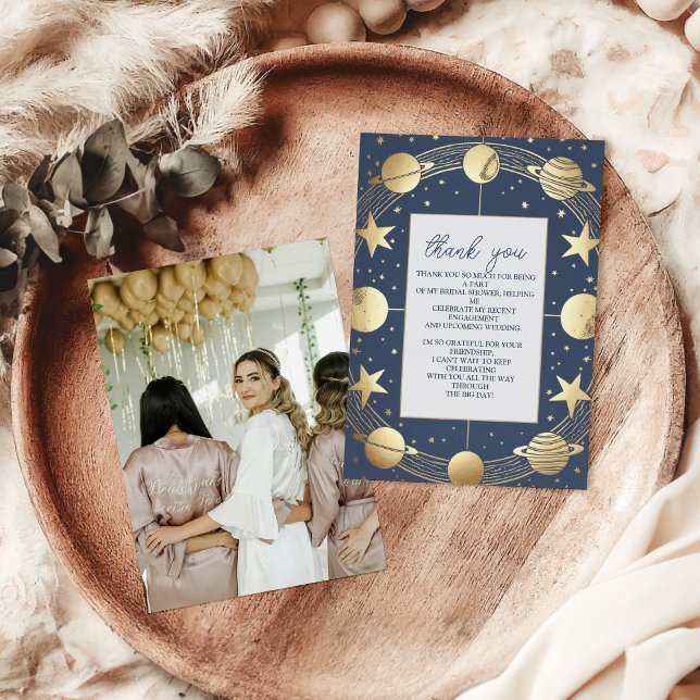 Photo Navy Celestial Crescent Moon Bridal Shower Thank You Card (Creator Uploaded)