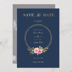 Photo Navy Elegant Pink Garland Wreath Wedding Save The Date