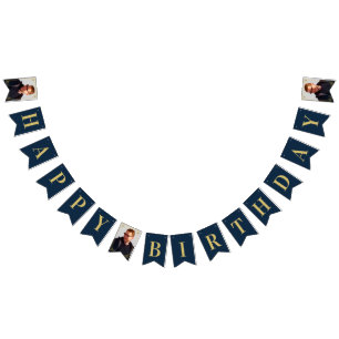 Photo Navy Gold Art Deco Frame Happy Birthday Bunting