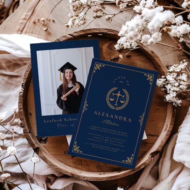 Photo Navy Gold Elegant Law School Graduation Invitation (Creator Uploaded)
