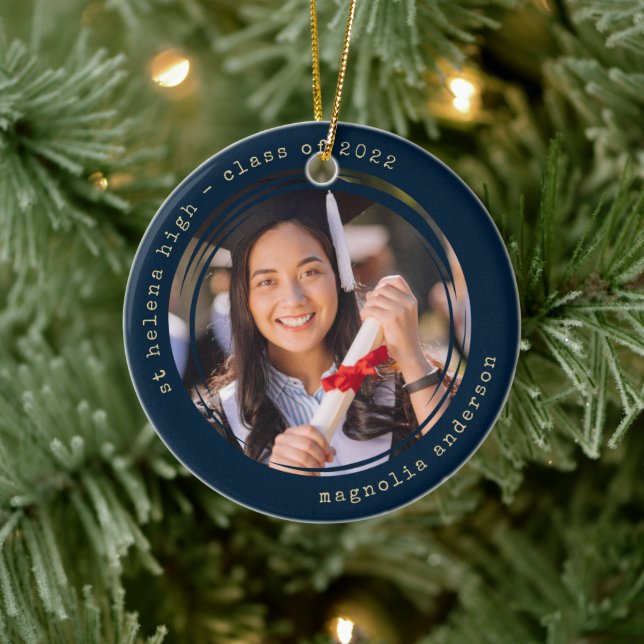 Photo Navy Gold School College Graduation Ceramic Tree Decoration (Tree)