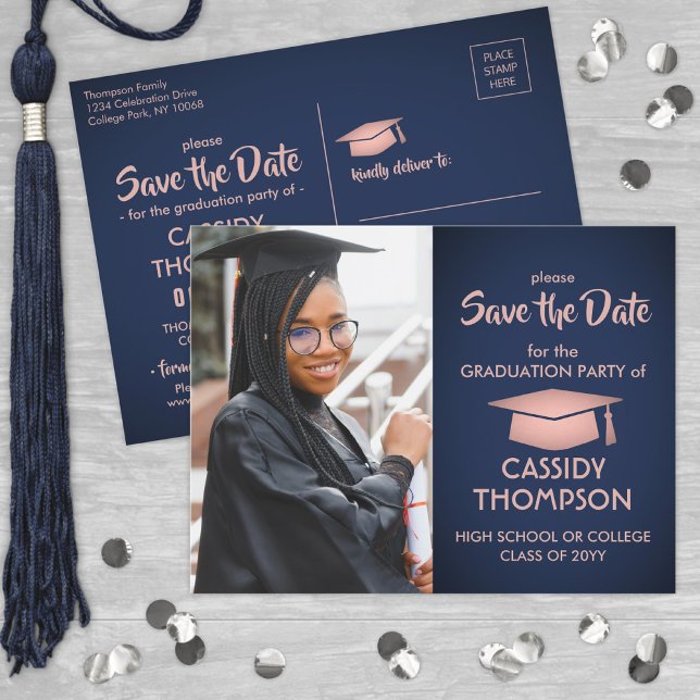Photo Navy Pink Rose Gold Graduation Save the Date Postcard (Creator Uploaded)