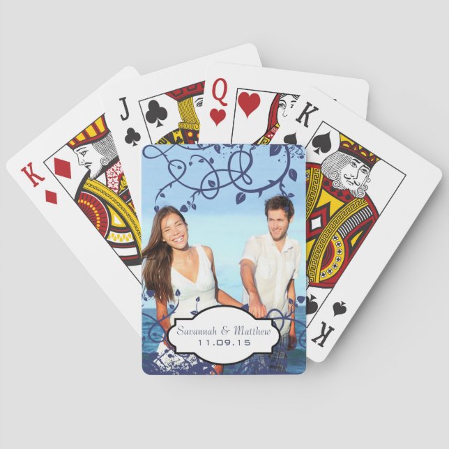 Photo Navy Swirly Vines Wedding Gift Playing Cards (Back)