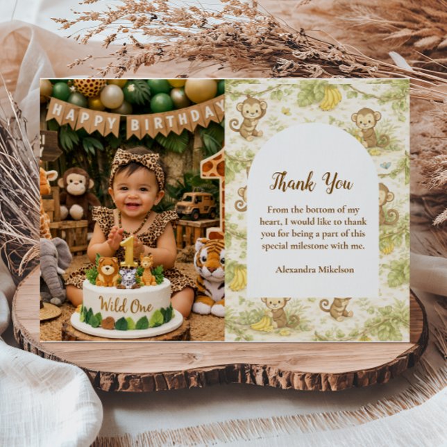 Photo Neutral Jungle Animals Wild One Birthday Thank You Card (Creator Uploaded)