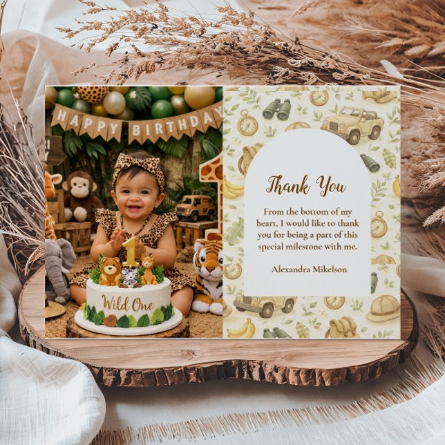 Photo Neutral Safari Animals Wild One First Birthd Thank You Card (Creator Uploaded)