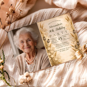Photo Neutral Vintage Botanical Wheat 90th Birthda Invitation