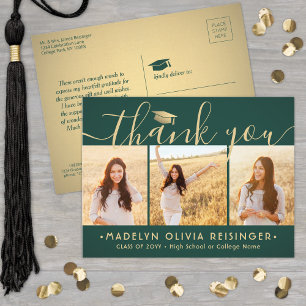 Photo New Address Green Gold Graduation Thank You Postcard