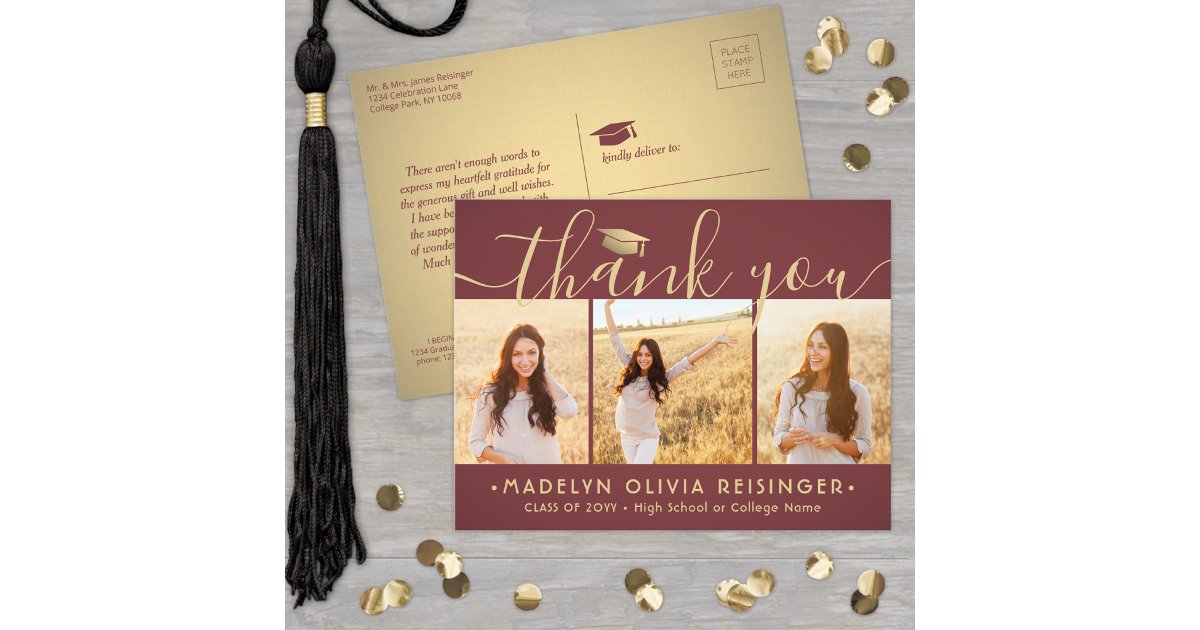 Photo New Address Red Gold Graduation Thank You Postcard | Zazzle