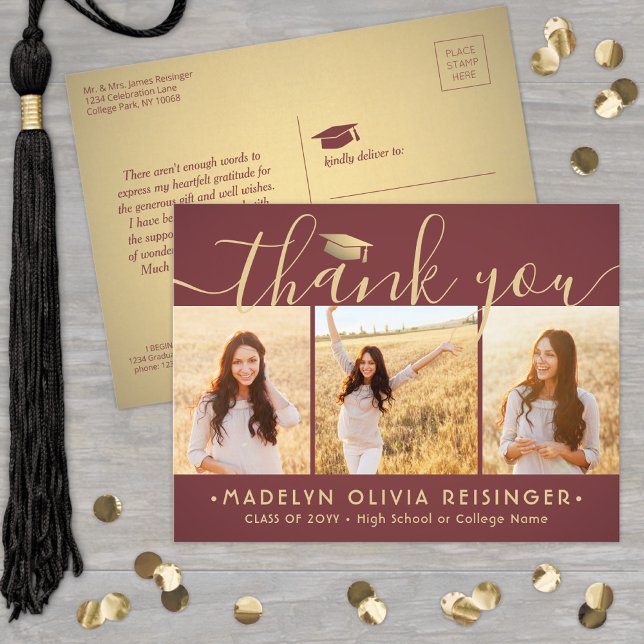 Photo New Address Red Gold Graduation Thank You Postcard (Creator Uploaded)