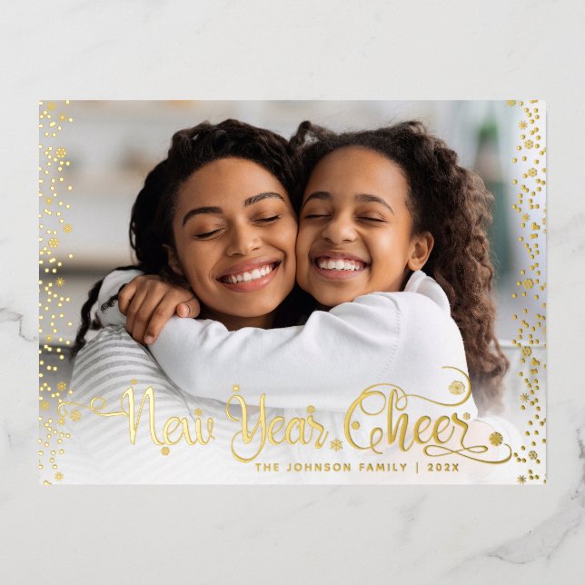 Photo New Year Cheer Script Chic Modern Real Gold Foil Holiday Postcard (Front)