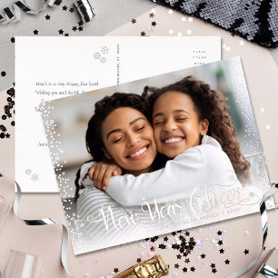 Photo New Year Cheer Script Modern Real Silver Foil Holiday Postcard
