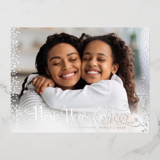 Photo New Year Cheer Script Modern Real Silver Foil Holiday Postcard (Front)