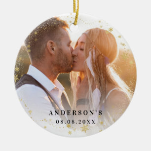 Photo newly weds gold snow christmas ceramic tree decoration