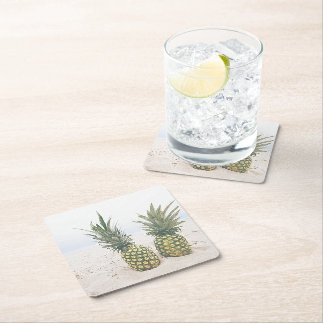 Photo of 2 Pineapples on a Beach Square Paper Coaster (Insitu)