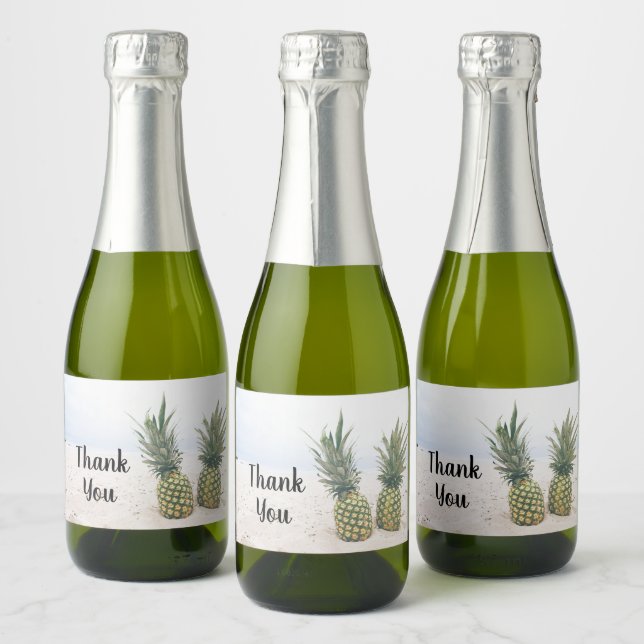 Photo of 2 Pineapples on a Beach Thank You Sparkling Wine Label (Bottles)