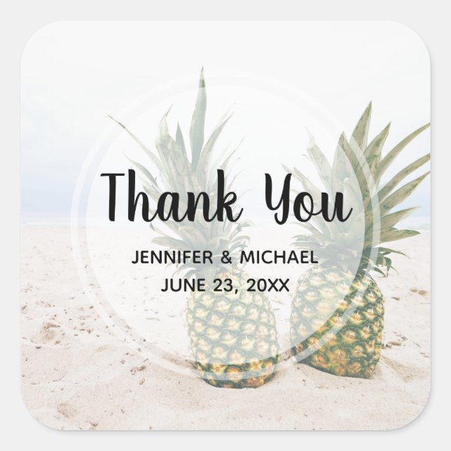 Photo of 2 Pineapples on a Beach Thank You Square Sticker (Front)