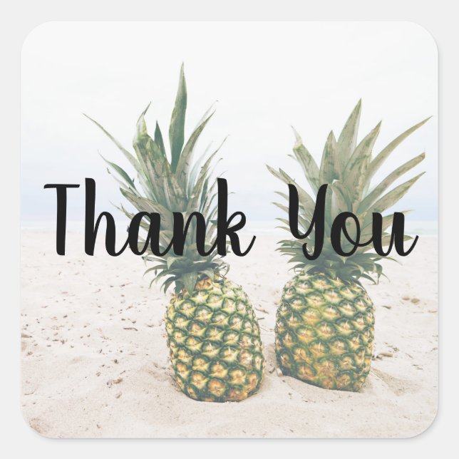 Photo of 2 Pineapples on a Beach Thank You Square Sticker (Front)