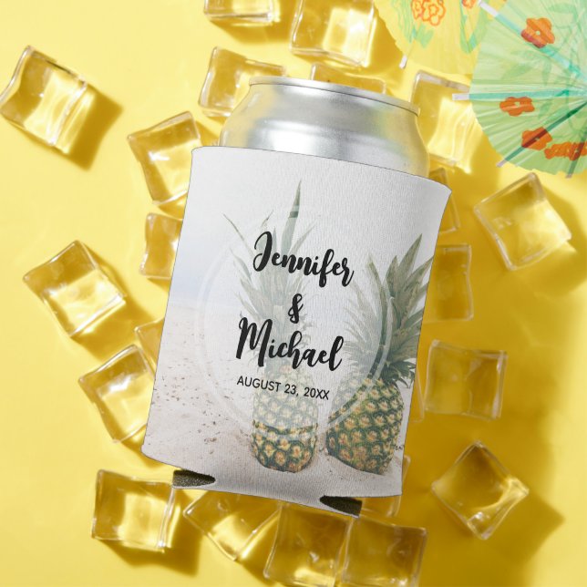 Photo of 2 Pineapples on a Beach Wedding Can Cooler (In Situ Summer)