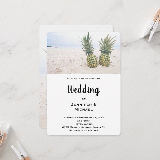 Photo of 2 Pineapples on a Beach Wedding Invitation (Front/Back In Situ)