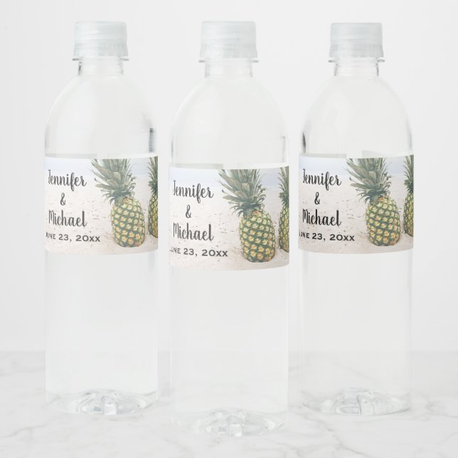 Photo of 2 Pineapples on a Beach Wedding Water Bottle Label (Bottles)