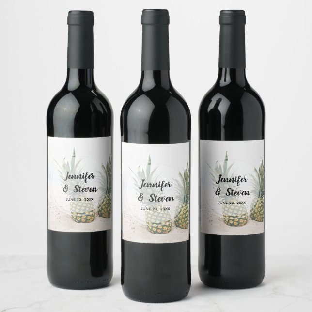 Photo of 2 Pineapples on a Beach Wedding Wine Label (Bottles)