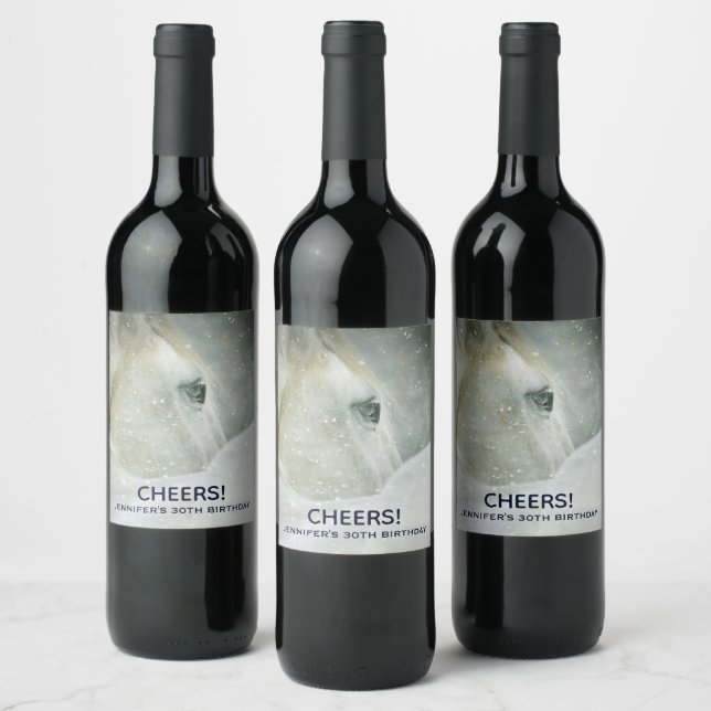 Photo of a Beautiful White Horse Birthday Wine Label (Bottles)