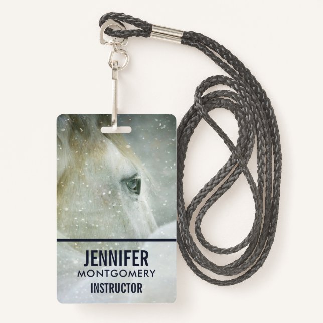 Photo of a Beautiful White Horse in Winter ID Badge (Front with Lanyard)