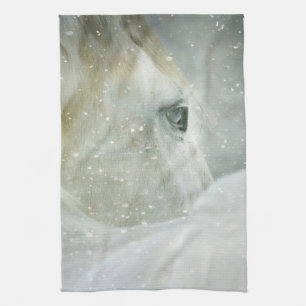 Photo of a Beautiful White Horse in Winter Tea Towel
