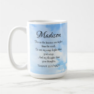 Photo of a Blue Sky Bible Verse Name and Initial Coffee Mug