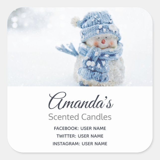 Photo of a Cute Snowman in Winter Business Square Sticker (Front)