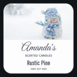 Photo of a Cute Snowman in Winter - Candle Biz Square Sticker<br><div class="desc">Candle or soap product stickers with a cute photograph of a little snowman. Standing outside in the winter with snow falling all around. This cute little guy is dressed up in blue knitted hat and scarf.</div>
